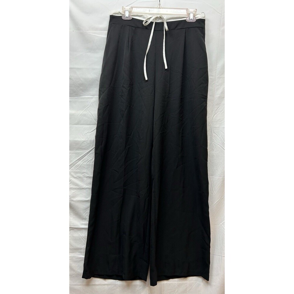 Haute Monde Women’s L Black Wide Leg Palazzo Pants Drawstring Contrast Waist